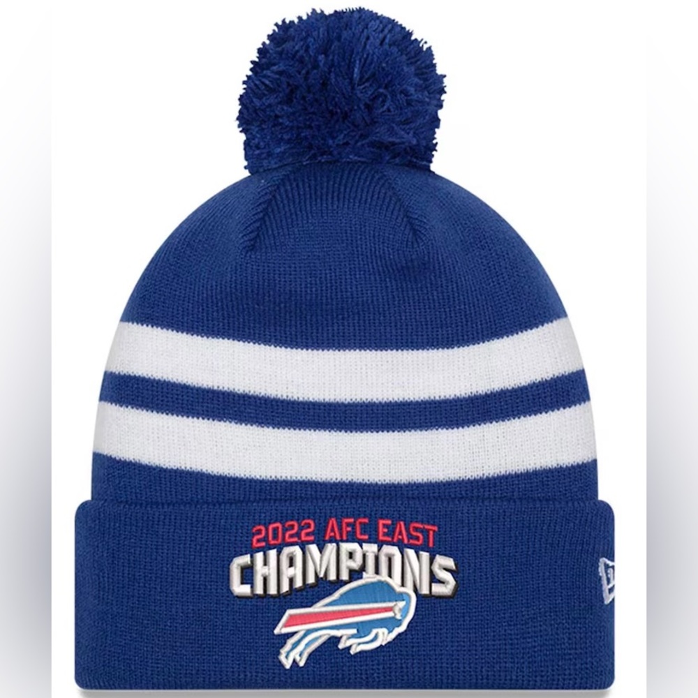 Buffalo Bills New Era 2022 AFC East Division Champions Top Stripe Pom Knit Hat